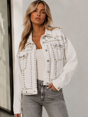 SCHWARZE JEANS JACKE MIT KRAGEN UND SCHMUCK (L1815)