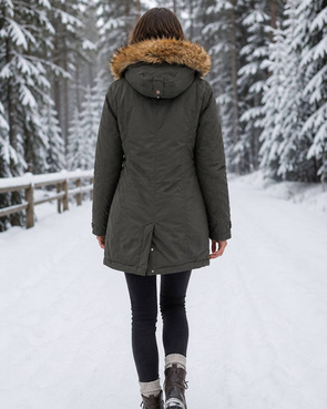 Khaki parka zimowa z kapturem i odpinanym futerkiem