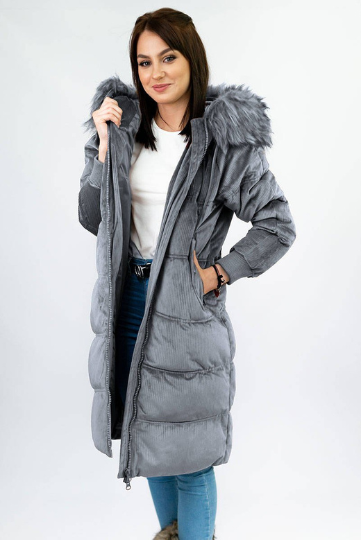 Zimowa sztruksowa kurtka damska z kapturem szara (7763)