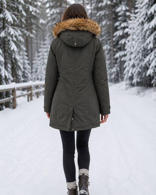 Khaki parka zimowa z kapturem i odpinanym futerkiem