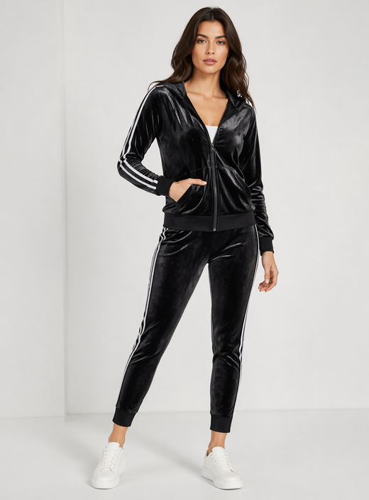 Dres damski rozpinany z kapturem czarny – bluza na suwak + spodnie casual