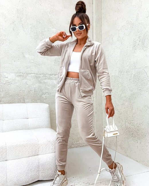 Welurowy komplet dresowy ze stójką beżowy