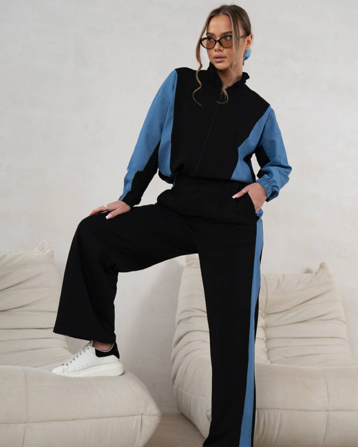 Czarny stylowy komplet dresowy – bluza na zamek i spodnie z wysokim stanem