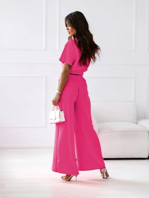 Elegancki komplet krótki top i spodnie z wysokim stanem fuksja