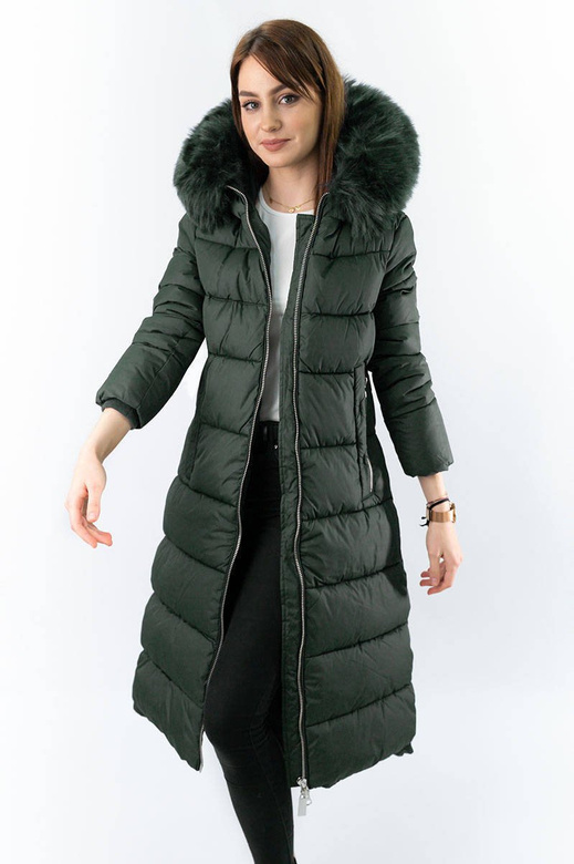 Ciemnozielona gruba kurtka zimowa plus size do kolan