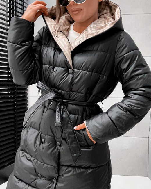 Czarno-beżowa kurtka zimowa do kolan typu 2w1