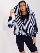 Trzyczęściowy granat-biały komplet sportowy damski – bluza oversize, top i legginsy w prążki