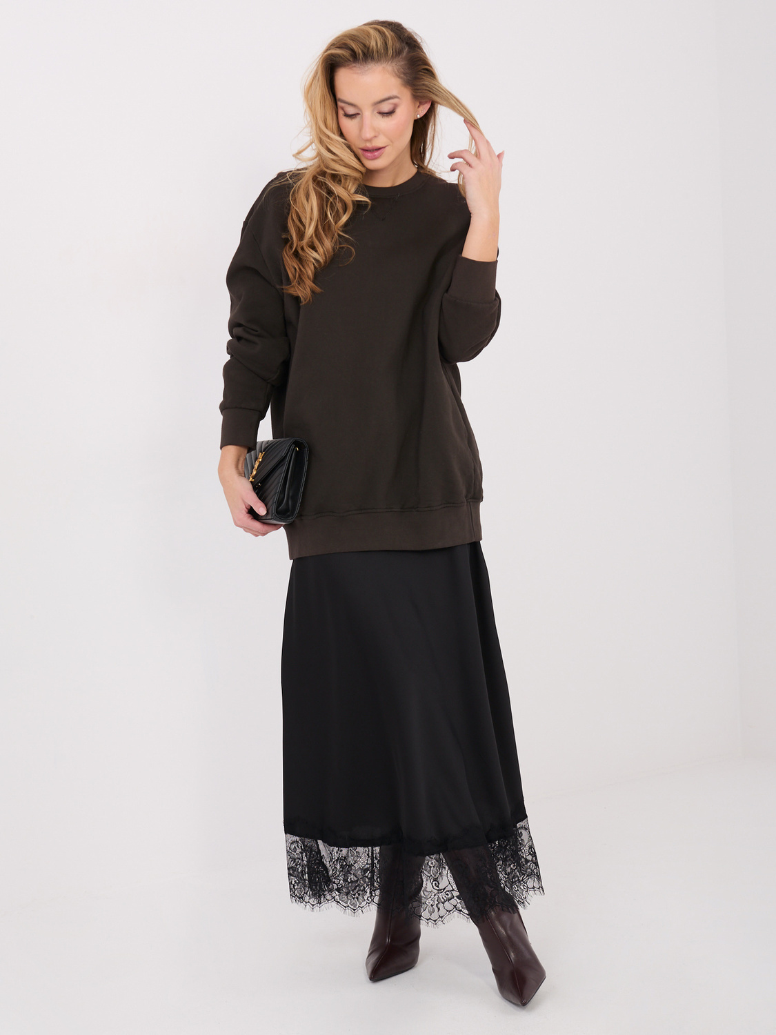 Ocieplana długa bluza basic ciemnobrązowa