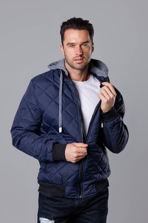 Granatowa pikowana męska kurtka z dresowym kapturem