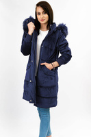 Sztruksowa zimowa kurtka damska z kapturem granatowa (7764)