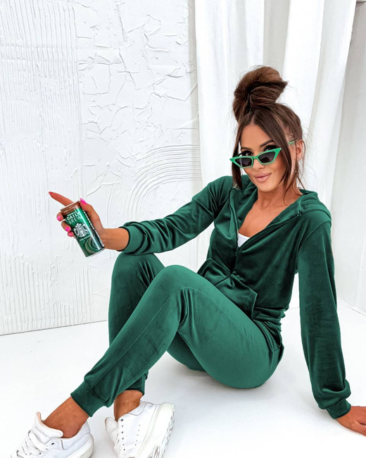 Zestaw bluza + spodnie dresowe welur butelkowy zielony