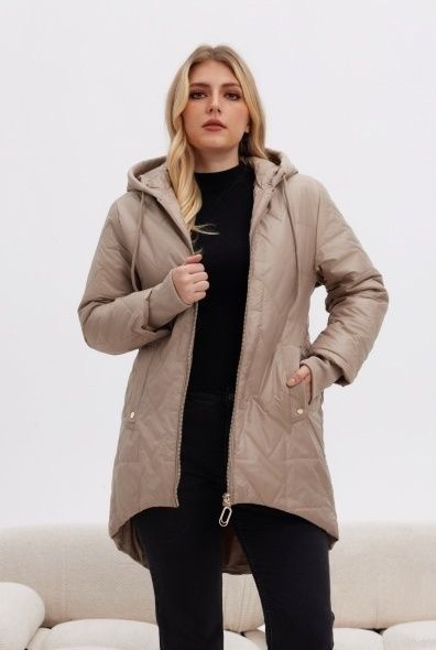 Pikowana kurtka damska z asymetrycznym dołem camel