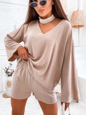 Zestaw bluzka i szorty len cappuccino