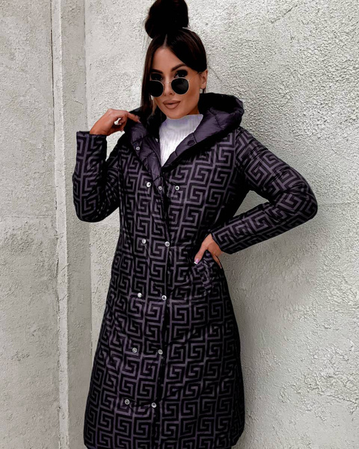 Czarno-fioletowa kurtka zimowa do kolan typu 2w1