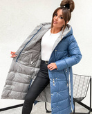 Długa dwustronna kurtka zimowa z kapturem niebieski-szary