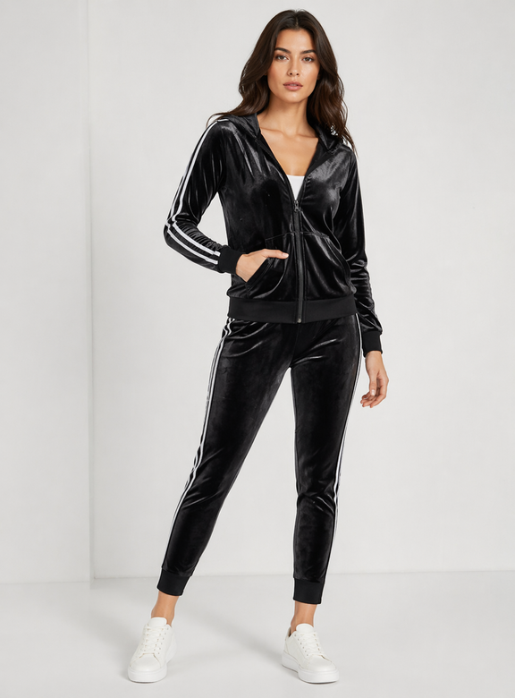 Dres damski rozpinany z kapturem czarny – bluza na suwak + spodnie casual