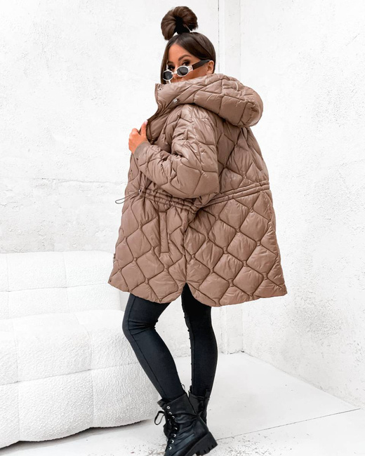 Luźna, pikowana kurtka z nieodpinanym kapturem brązowa