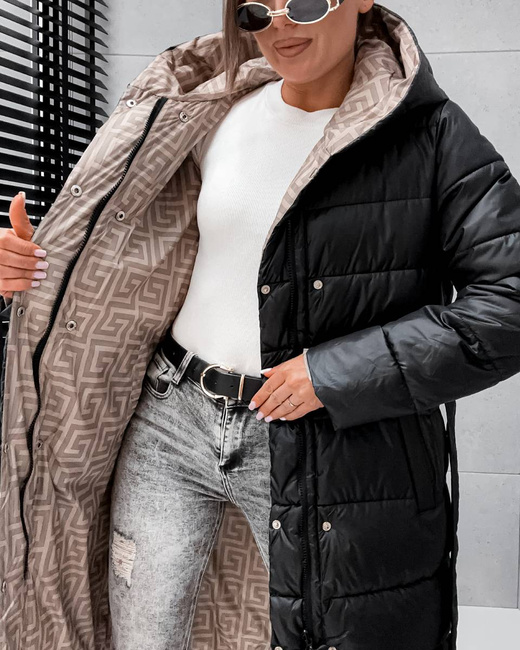 Czarno-beżowa kurtka zimowa do kolan typu 2w1