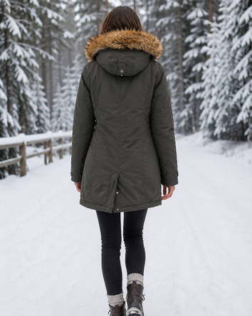 Khaki parka zimowa z kapturem i odpinanym futerkiem