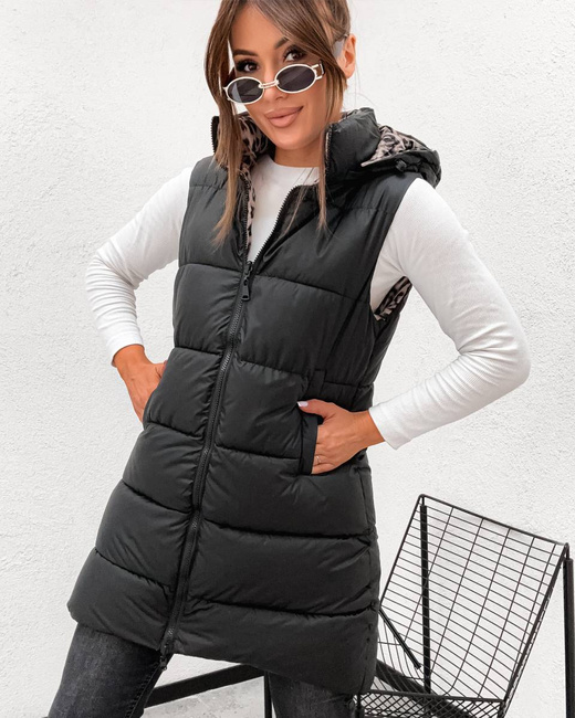 Długa kamizelka typu 2w1 czarny-panterka