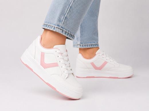 Sznurowane buty sportowe damskie biało-różowe (s070)