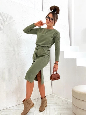 Bawełniana klasyczna sukienka z długim rękawem khaki