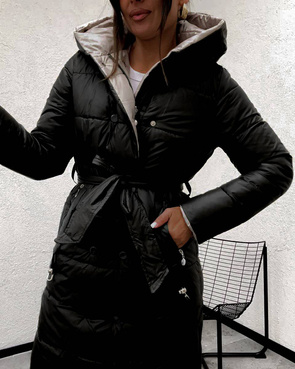 Długa dwustronna kurtka zimowa z kapturem czarny-beżowy