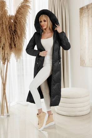 Długi taliowany płaszcz zimowy czarny