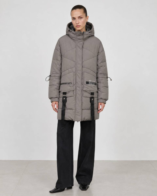 Szara kurtka puffer oversize z kapturem