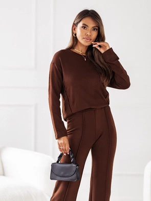 Swetrowy czekoladowy komplet bluzka i spodnie