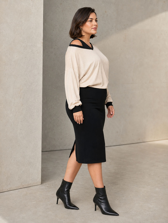 Dopasowana sukienka z bluzą plus size beż-czarny