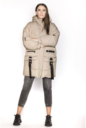 Puchowa kurtka damska z ozdobnymi taśmami camel (AG2-J85)