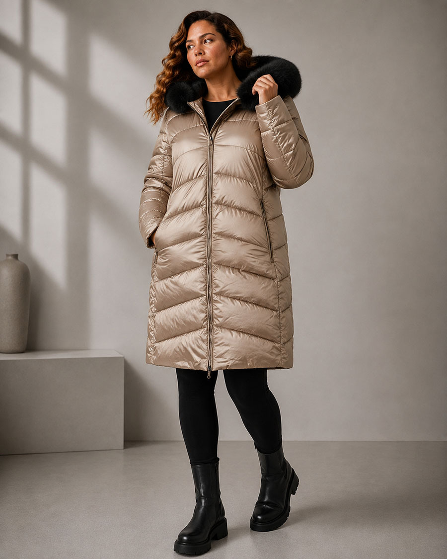 Beżowo- czarna dwustronna kurtka damska z odpinanym kapturem plus size