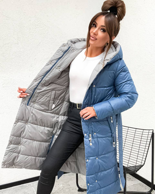 Długa dwustronna kurtka zimowa z kapturem niebieski-szary