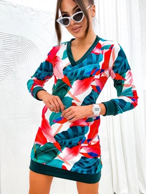 Zielono-czerwona sukienka ze ściągaczami welur