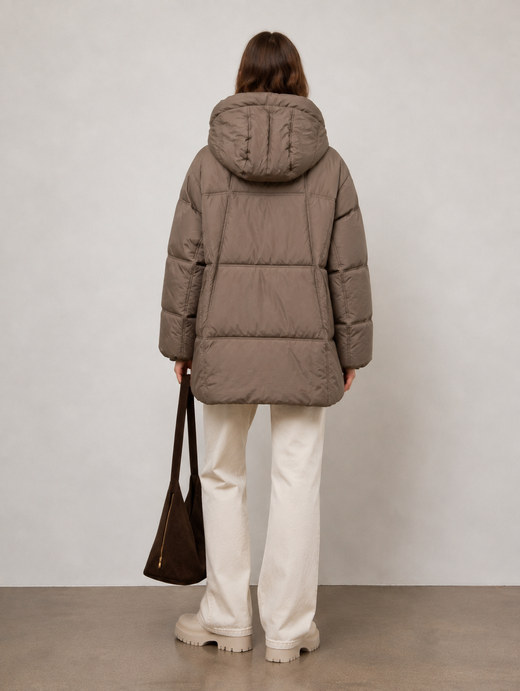 Puchowa jasnobrązowa kurtka damska oversize typu puffer