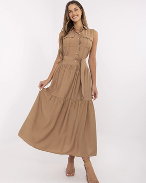 Długa ciemnobeżowa sukienka bez rękawów