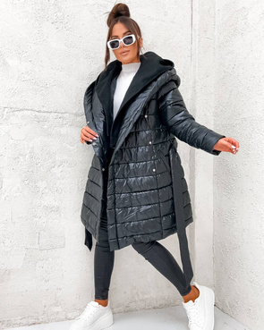 Zimowa pikowana kurtka z paskiem czarna