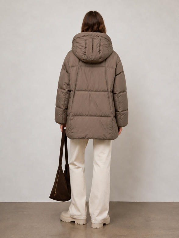Puchowa jasnobrązowa kurtka damska oversize typu puffer