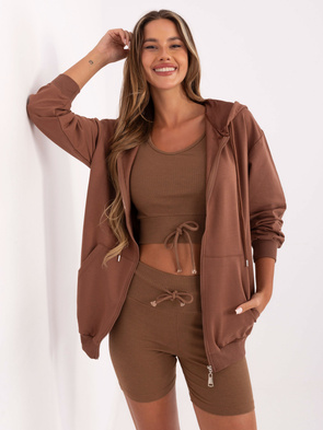 Brązowy sportowy komplet bluza + top + szorty