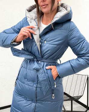 Długa dwustronna kurtka zimowa z kapturem niebieski-szary