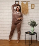 Zestaw plus size bluza + spodnie dresowe welur beżowy