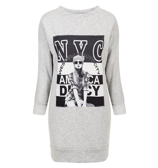 DŁUGA BLUZA Z NADRUKIEM SZARY MELANŻ (GOOD3)