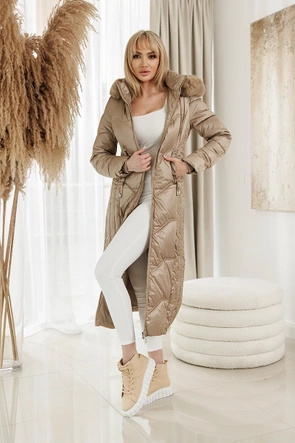 Długi taliowany płaszcz zimowy cappucino