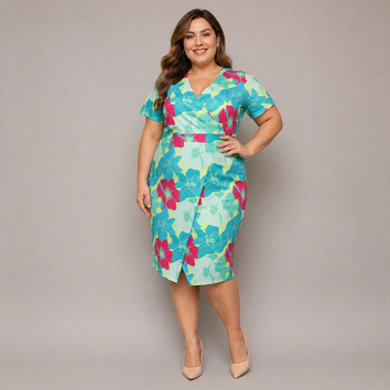 Sukienka plus size z kopertowym dekoltem zielony-fuksja kwiaty