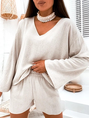 Zestaw bluzka i szorty len beżowy