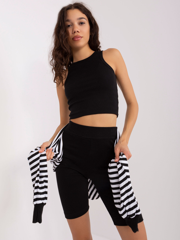 Trzyczęściowy czarno-biały komplet sportowy damski – bluza oversize, top i legginsy w prążki