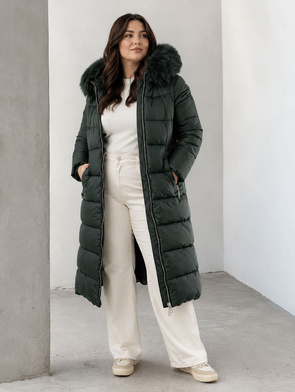 Ciemnozielona gruba kurtka zimowa plus size do kolan