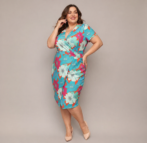 Sukienka plus size z kopertowym dekoltem zielony-pomarańczowy kwiaty