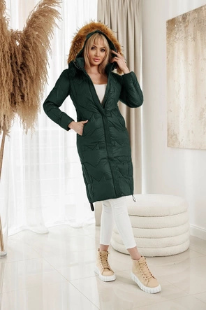 Zimowy taliowany płaszcz damski ciemny zielony